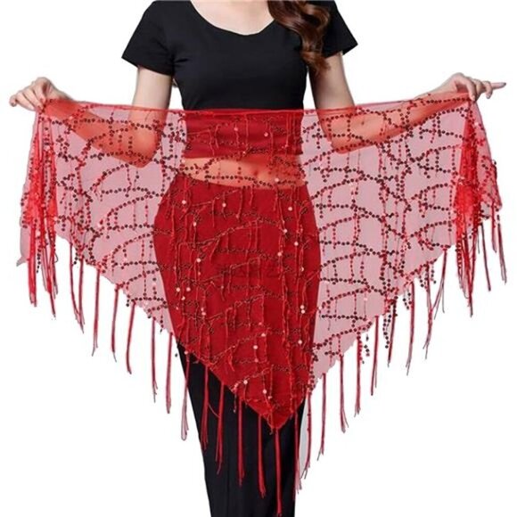 Red Sequin Belly Dance Hip Scarf – Sheer Chiffon Wrap Skirt with Fringe - Picture 1 of 6